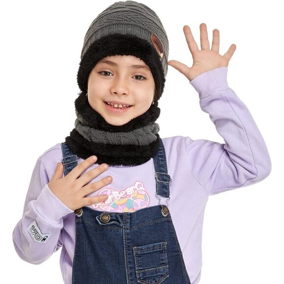 Kids Boys Girls Winter Warm Knit  Beanie Hat Cap Neck Scarf Set with Fleece - Picture 5 of 6